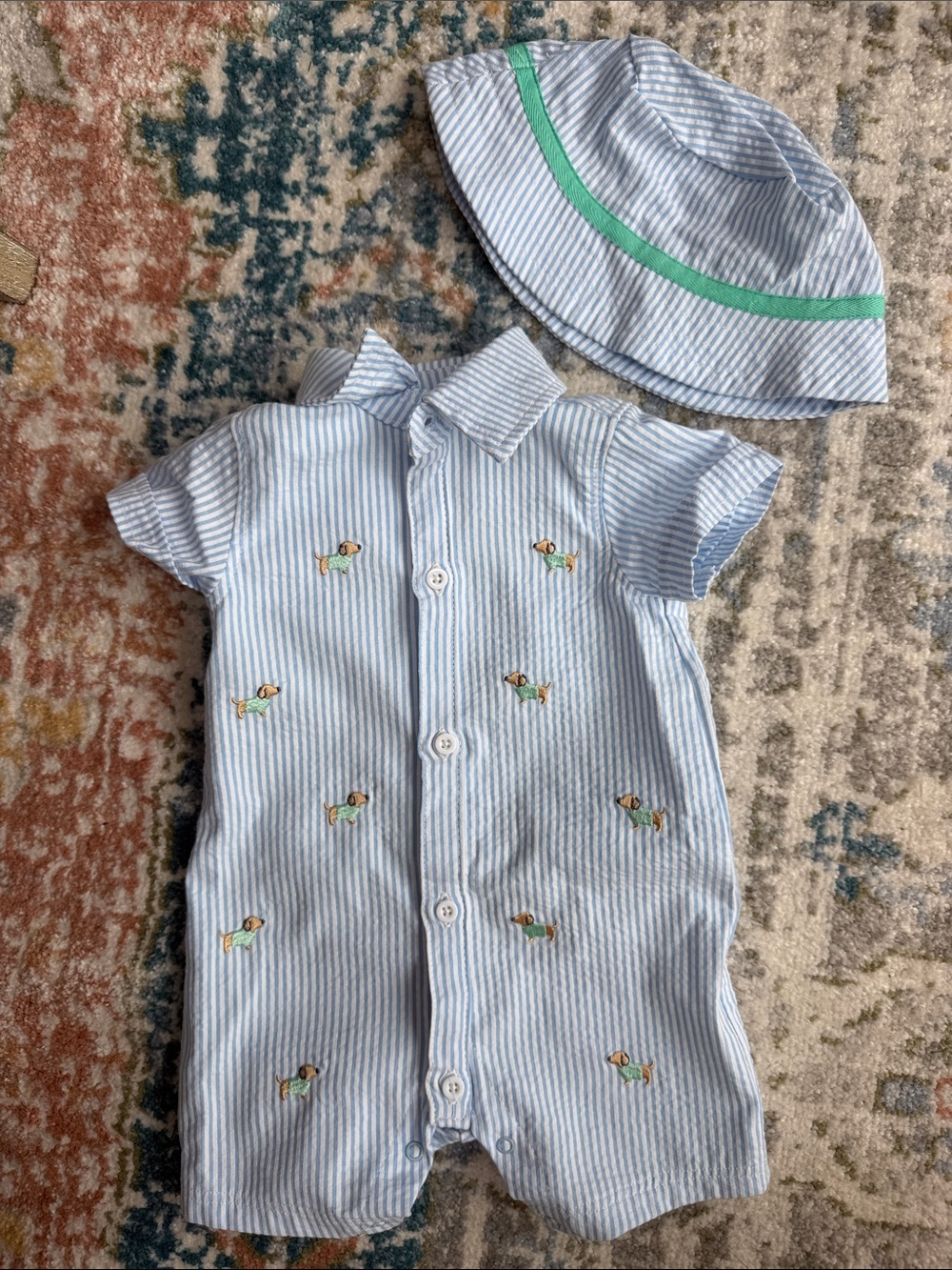 Little Me Light Blue and White Striped Baby romper w/matching hat